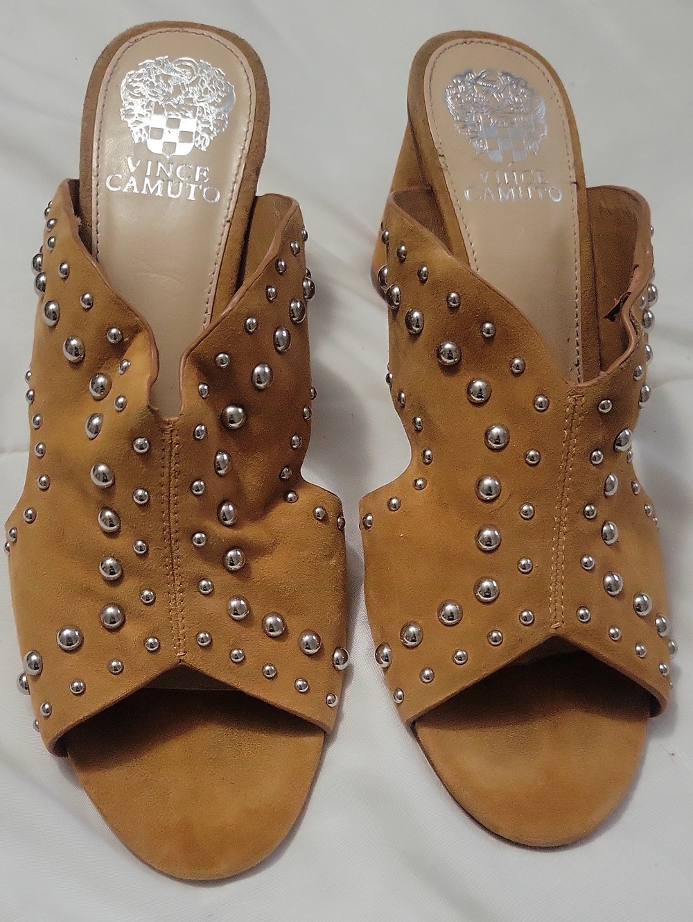 Vince Camuto Tan Suede Studded Open-Toe Mules